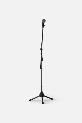 A side shot of a black telescoping microphone stand