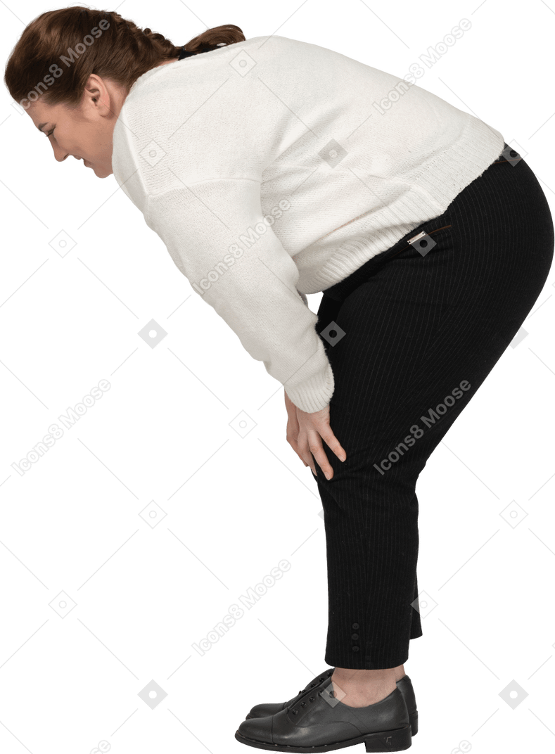 Side view of plump woman bending down