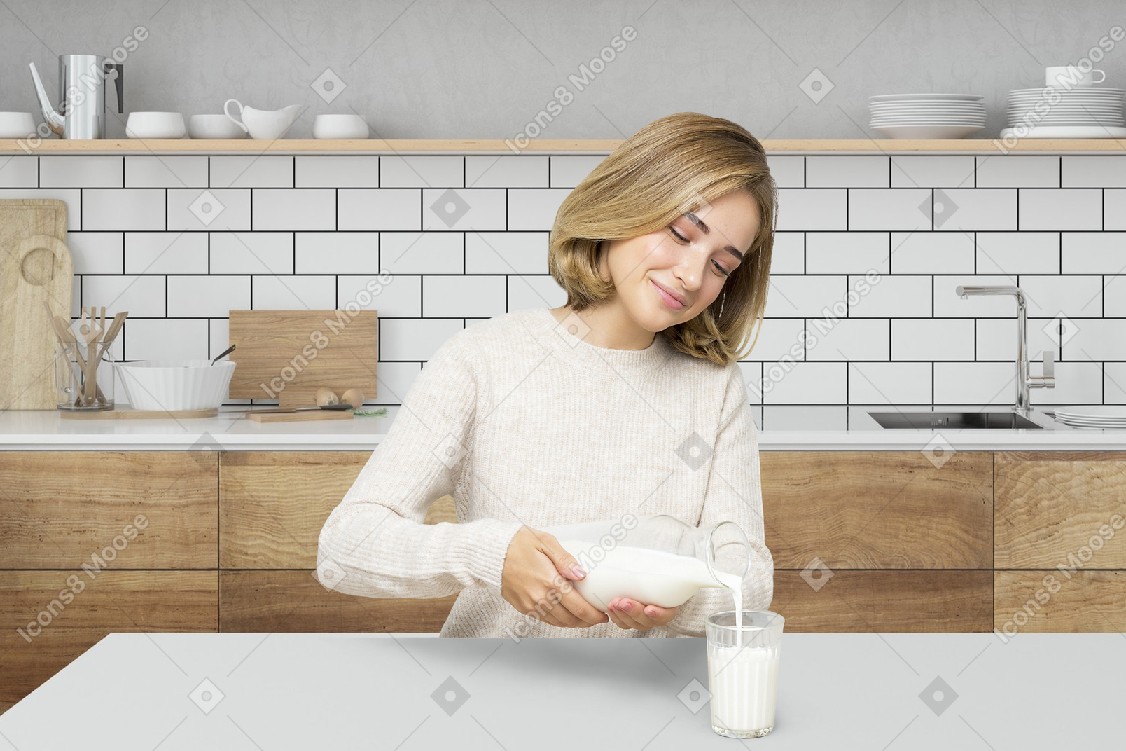 우유 한 잔을 테이블에 앉아있는 여자