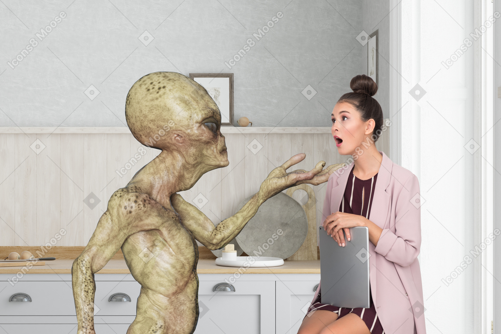 Shocked woman sitting next to an alien in a kitchen