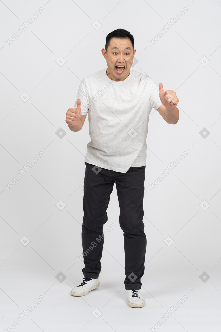 Front view of an emotional man showing thumbs up
