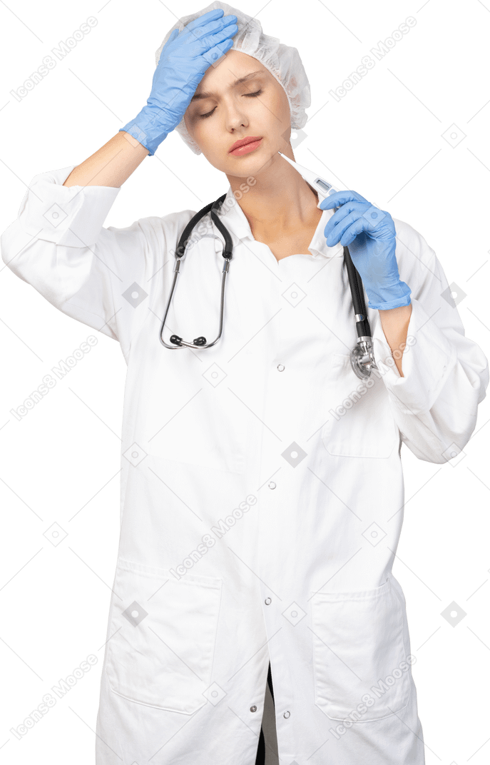 Front view of a young female doctor with stethoscope holding thermometer and touching head