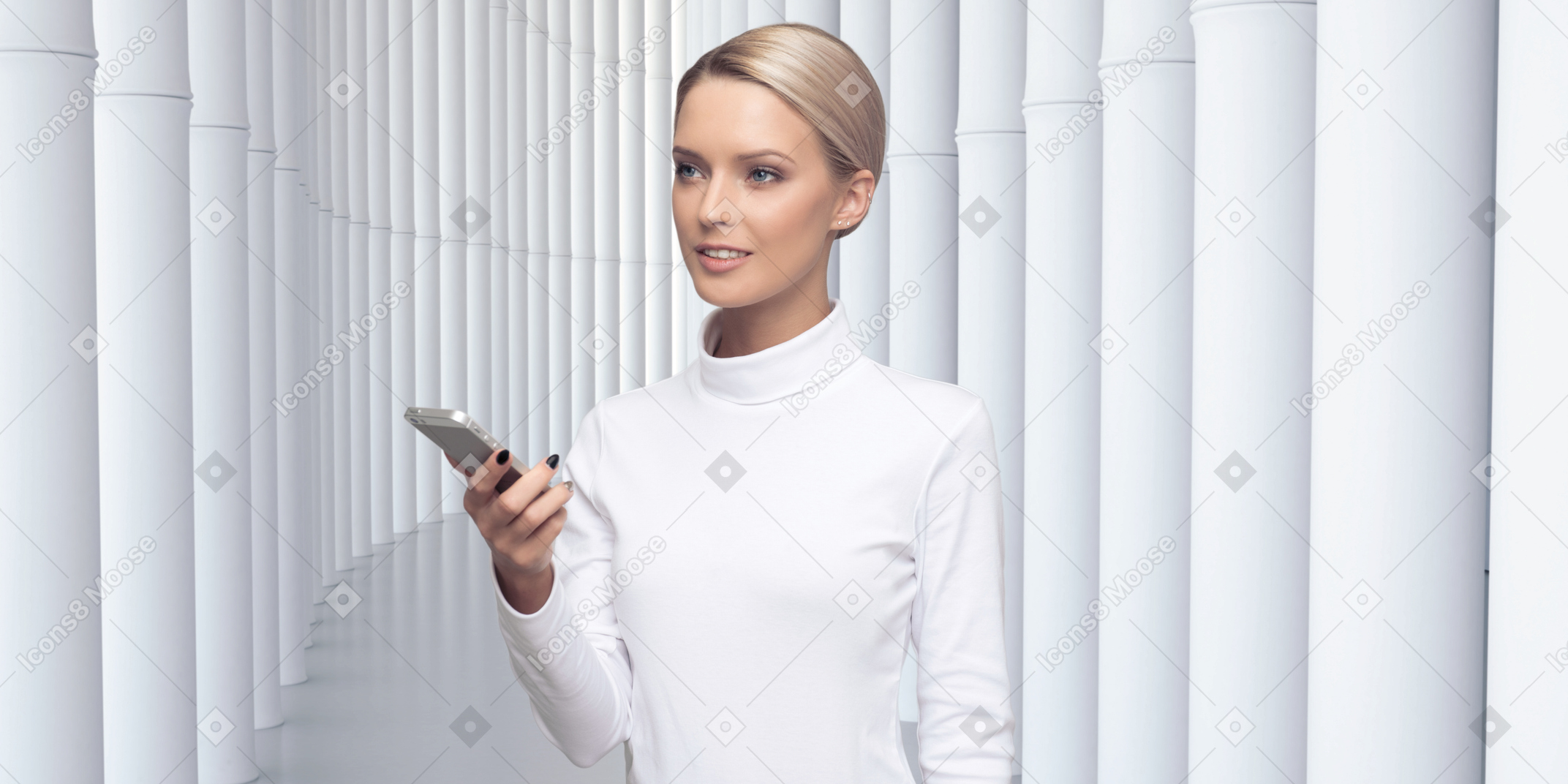 Beautiful android with a smartphone, standing against a futuristic colonnade of white columns