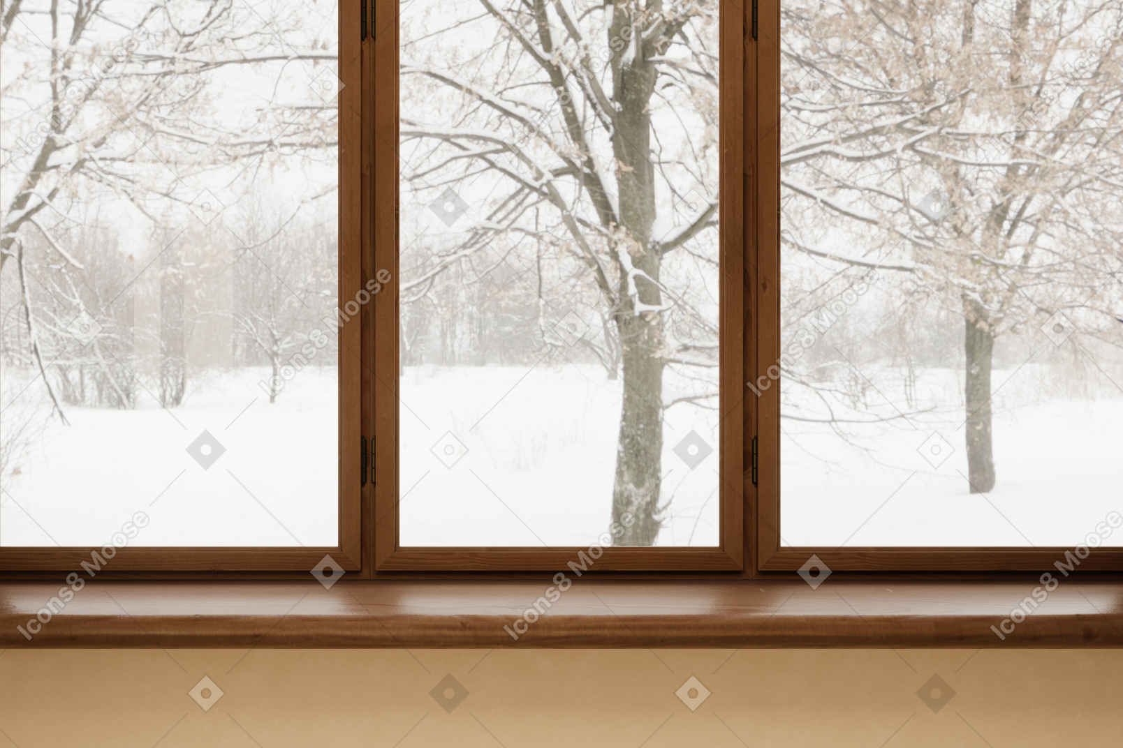 Janela com paisagem de neve lá fora