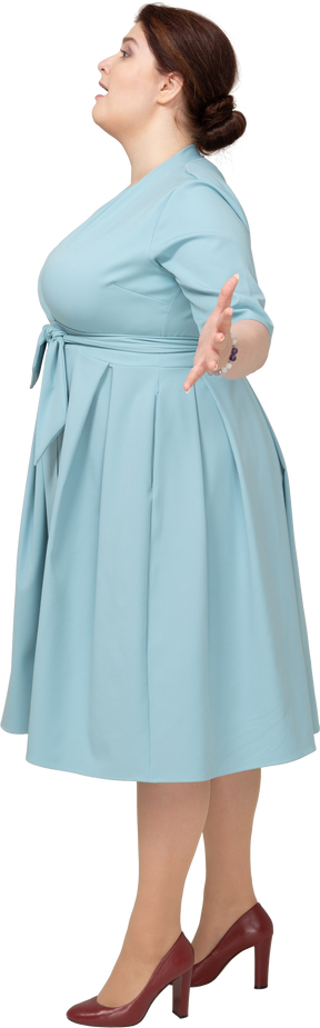 プロフィールでポーズをとる青いドレスの女性