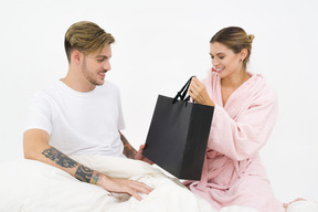 Surprising her husband with a gift