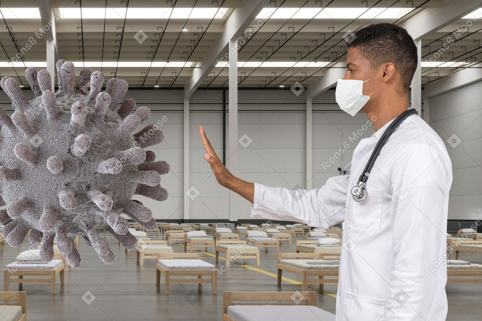 Male doctor in face mask stopping coronavirus