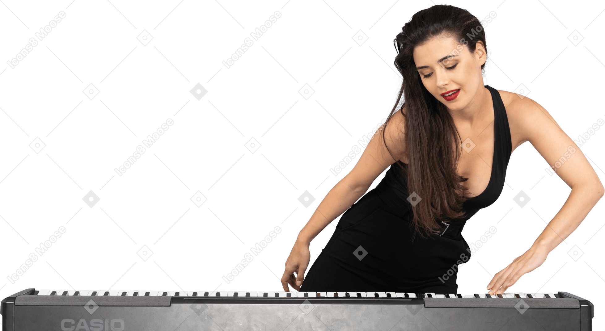 Front view of a young lady in black dress putting her hand on keyboard and leaning aside