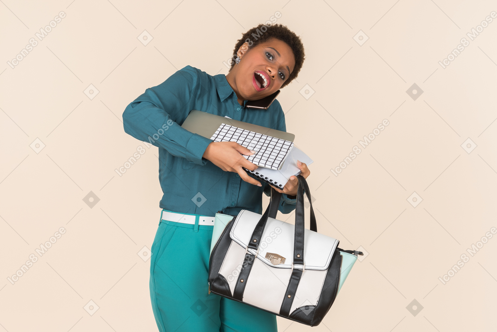 Holding bag and papers young woman looks like in a hurry