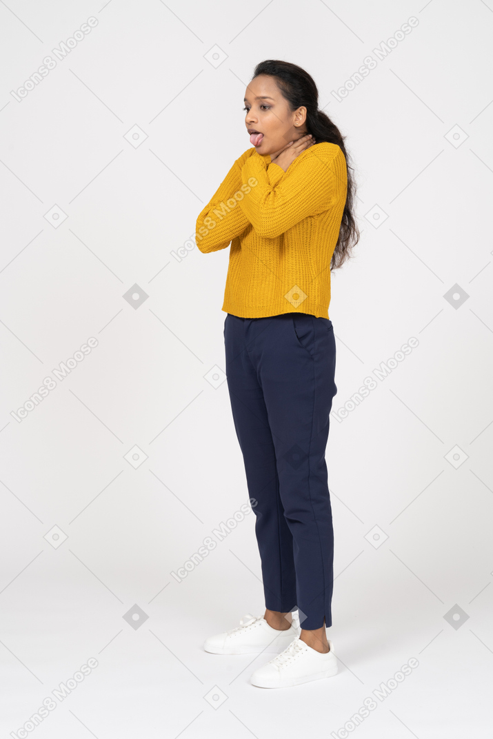 Front view of a girl in casual clothes chocking herself