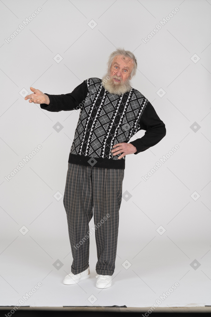 Questioned old man outstretching hand