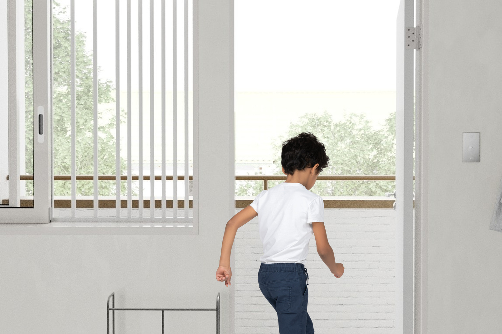 A boy running to the balcony