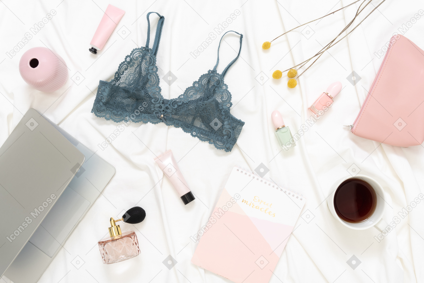 Lace lingerie, laptop and cosmetics objects