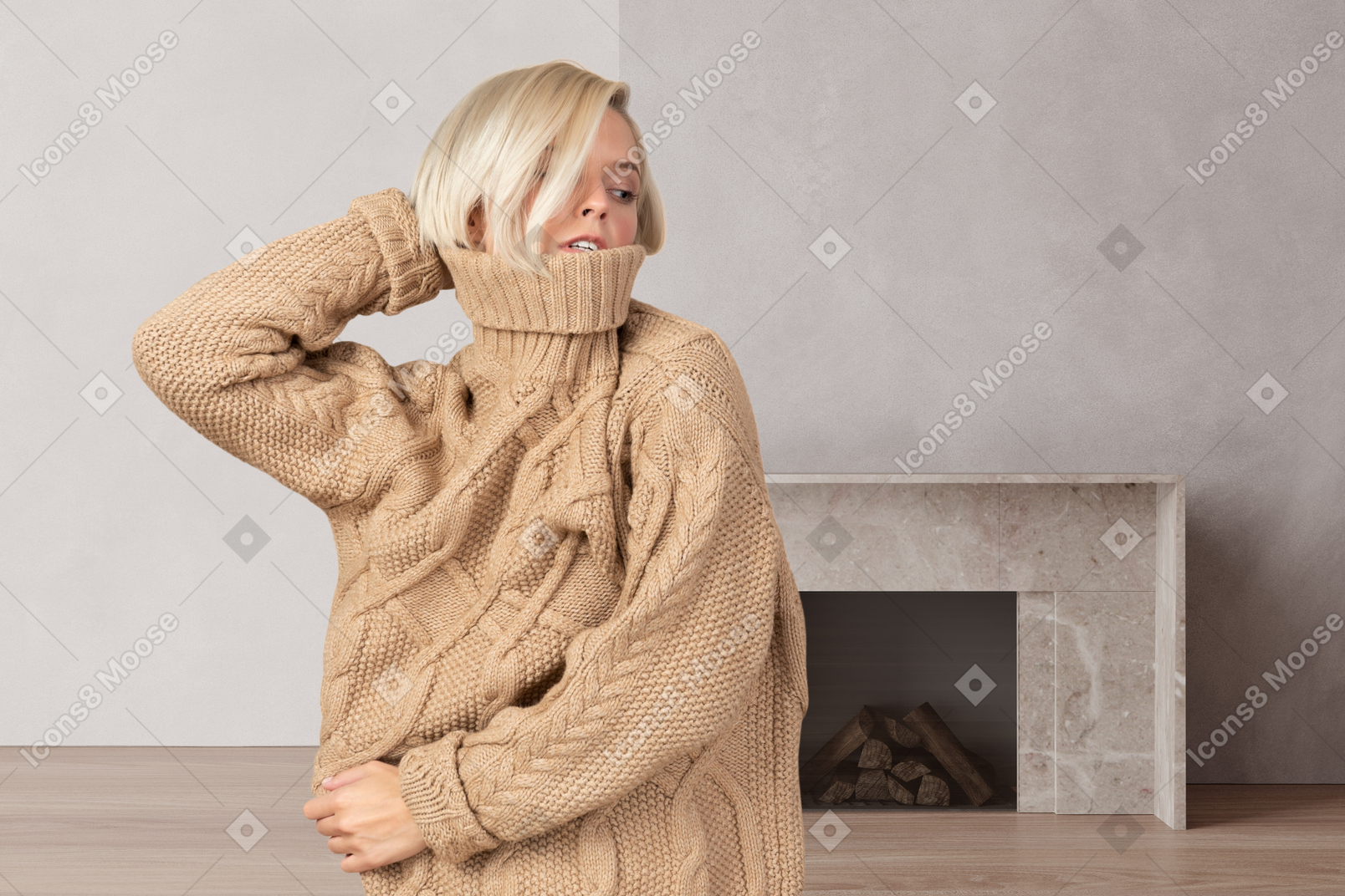 A woman in a turtle neck sweater standing in front of a fireplace