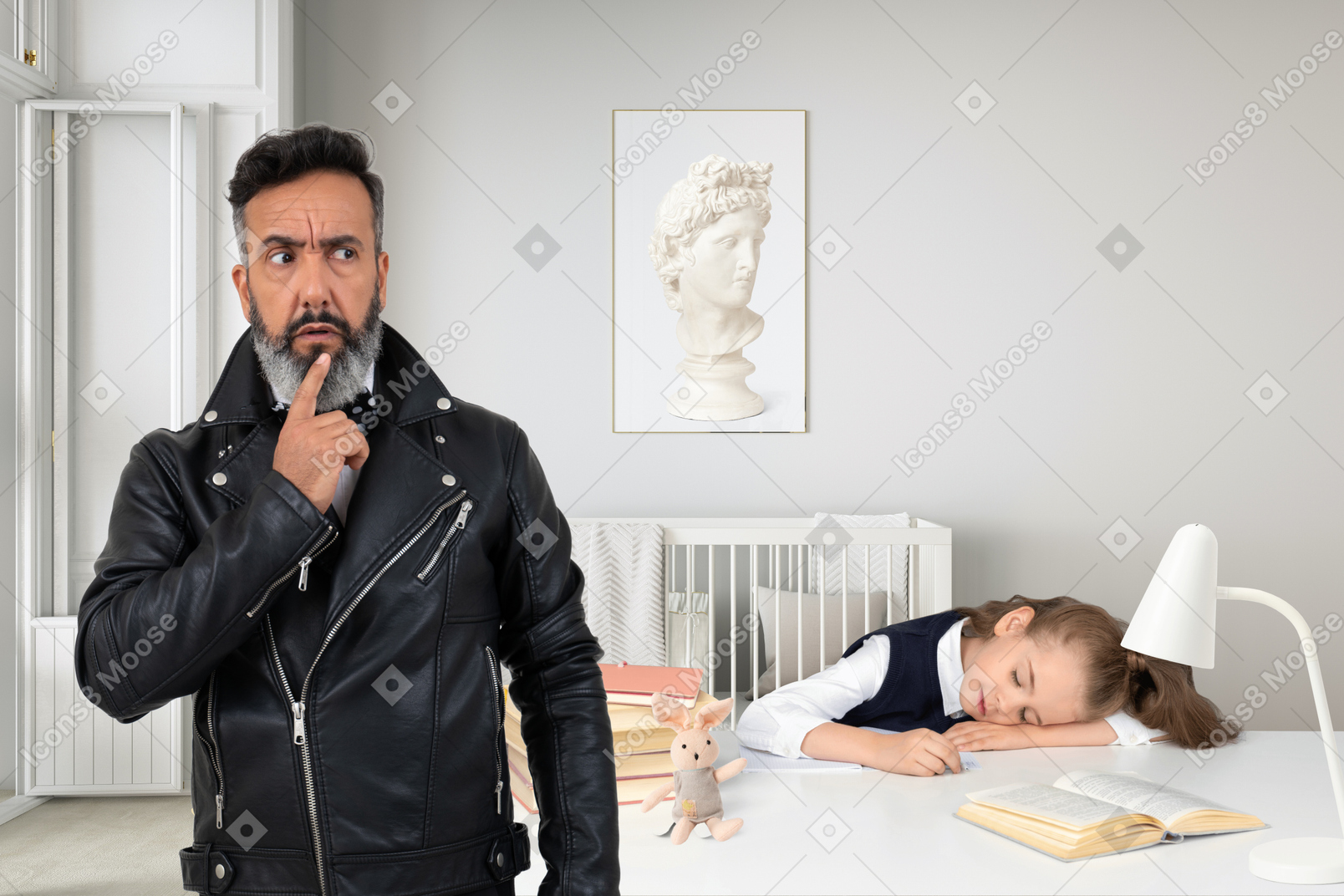 Schoolgirl sleeping on table and her dad looking pensive