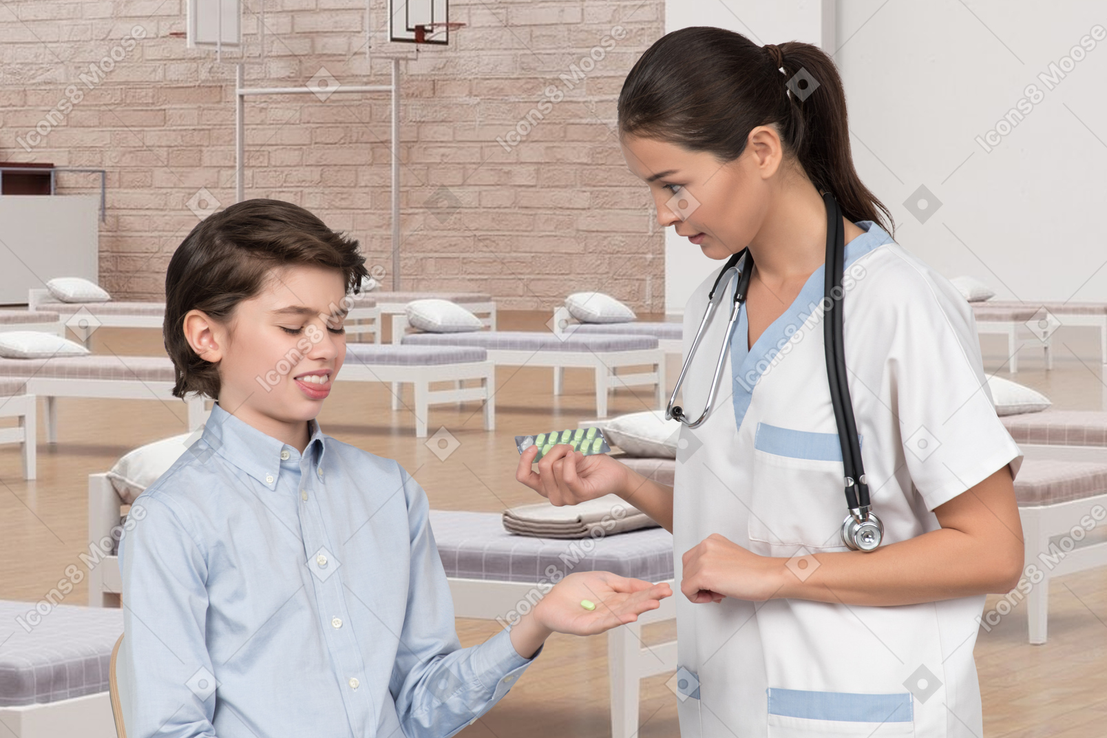 A boy expresses disgust at the pills a nurse offers