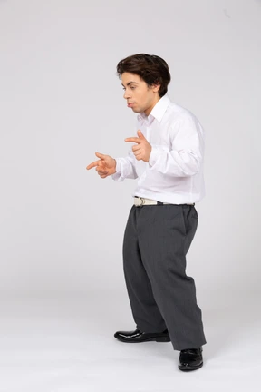 Man looking down and communicating