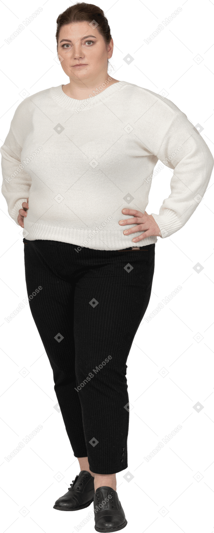 흰색 스웨터 포즈에 통통한 여자