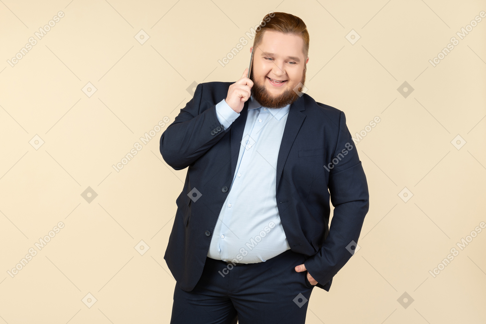 Laughing young overweight office worker talking on the phone