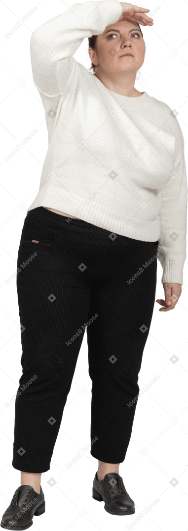 Plump woman in casual clothes looking for someone