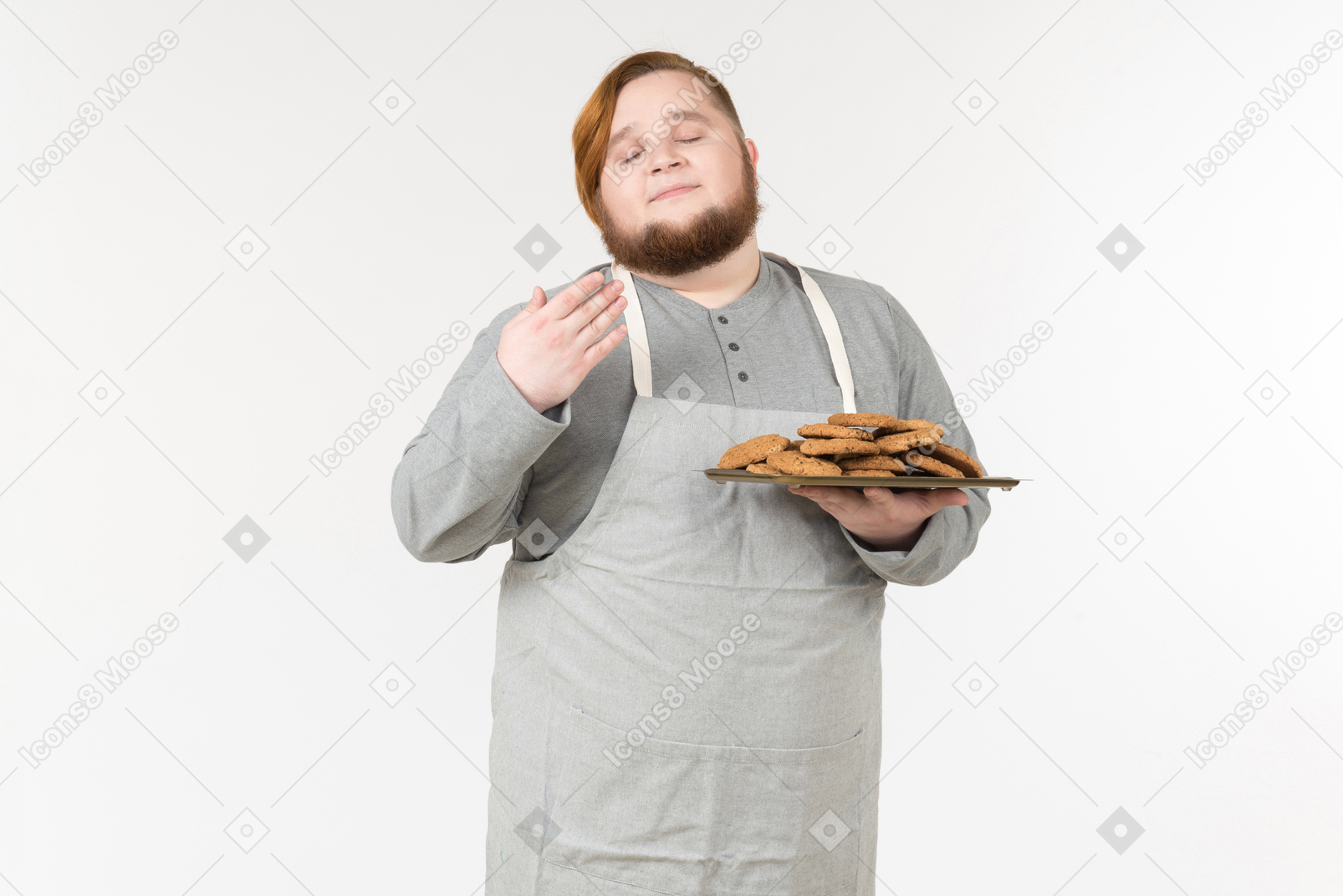 A fat man enjoying smell of cookies