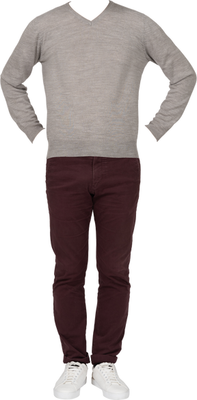 Gray v-neck sweatshirt and brown pants