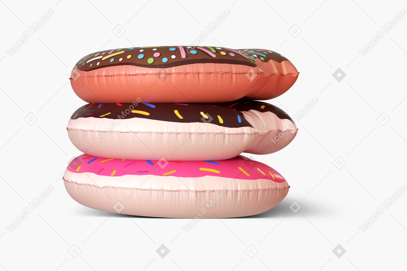 Donut gummiring aufeinander gelegt auf weißem hintergrund