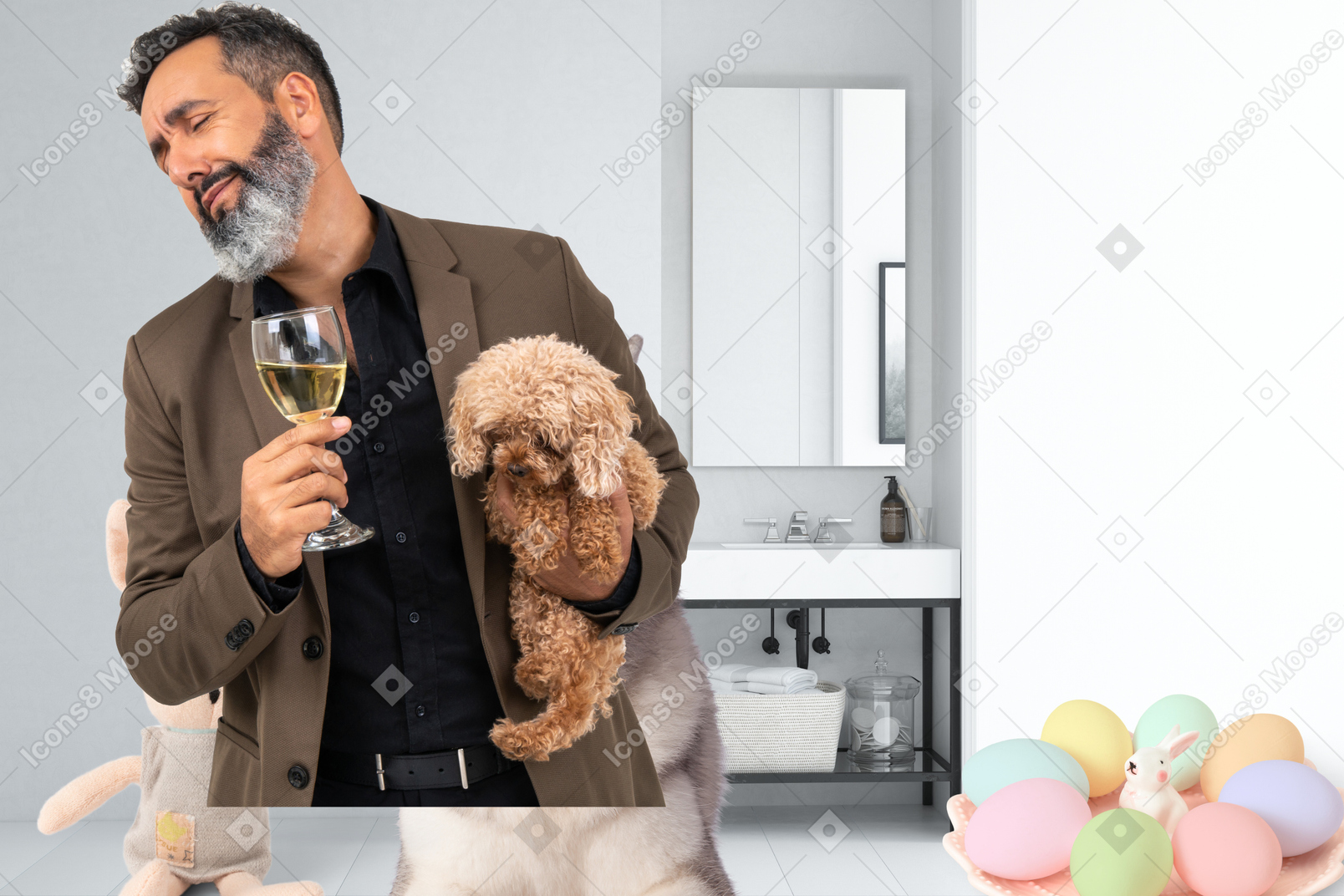 A man holding a glass of wine and a dog
