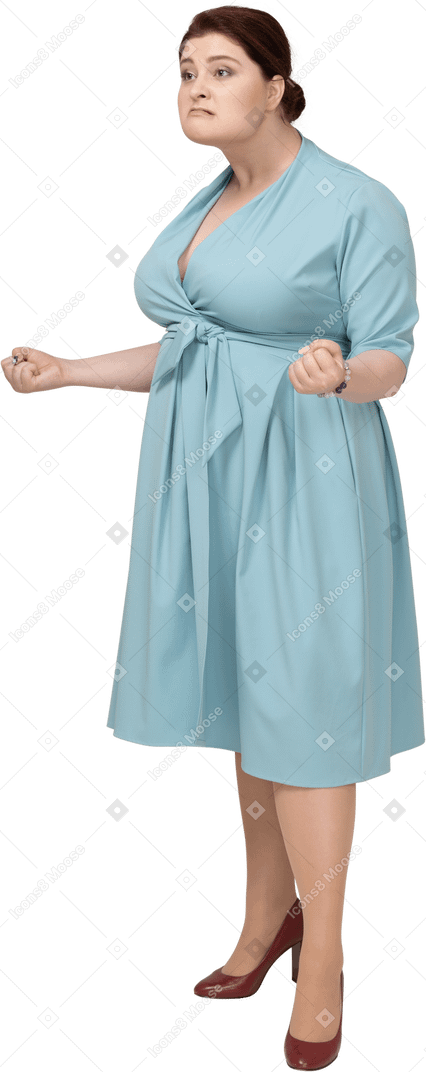 Front view of a woman in blue dress gesturing