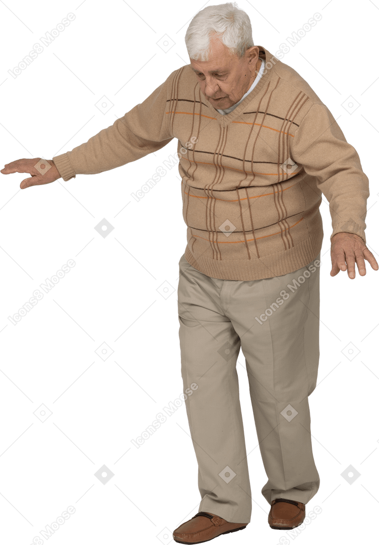 Front view of an old man in casual clothes walking forward with outstretched arms