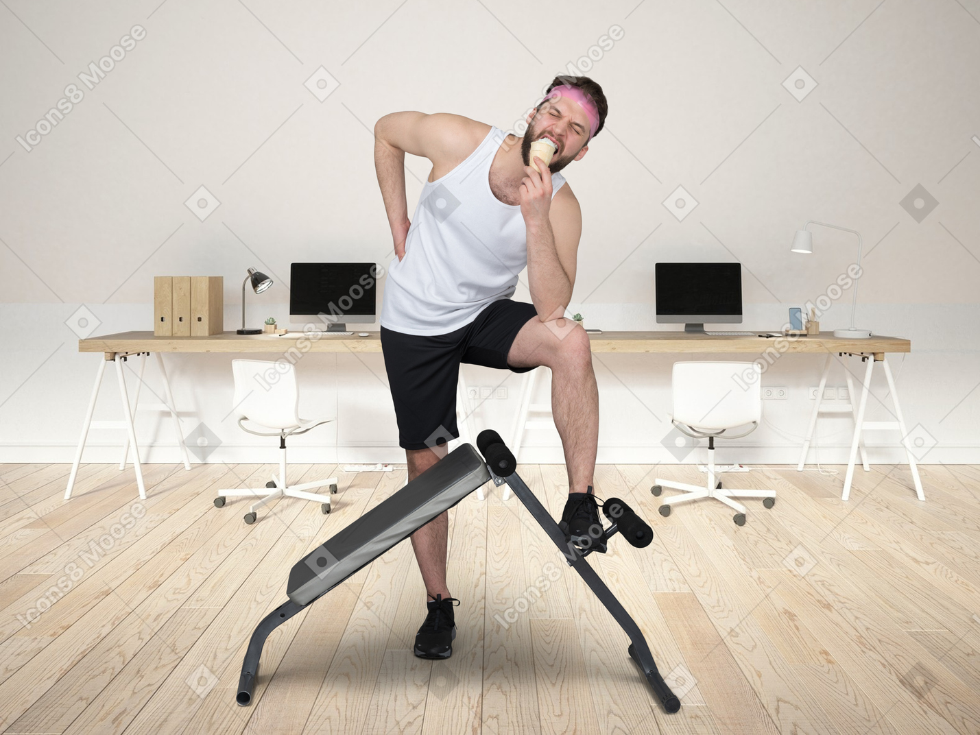 A man standing next to a fitness equipment in the office and eating ice cream