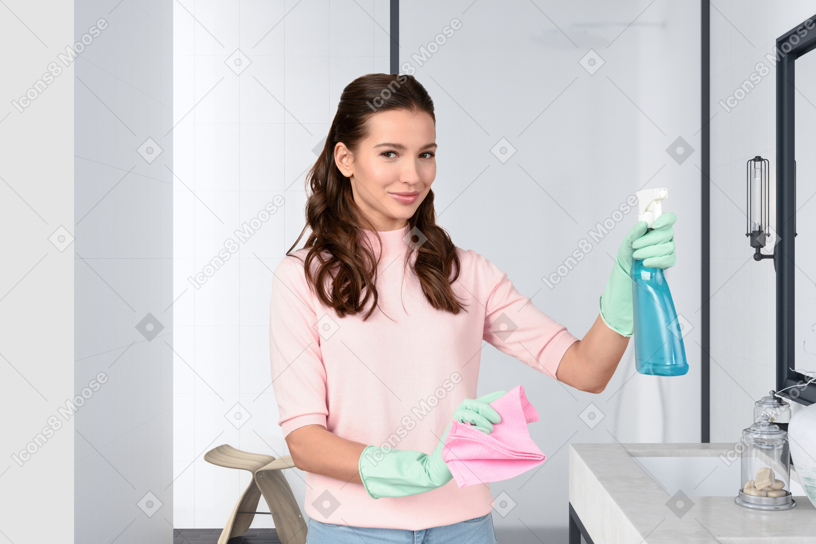 욕실 청소하는 젊은 여자의 콜라주