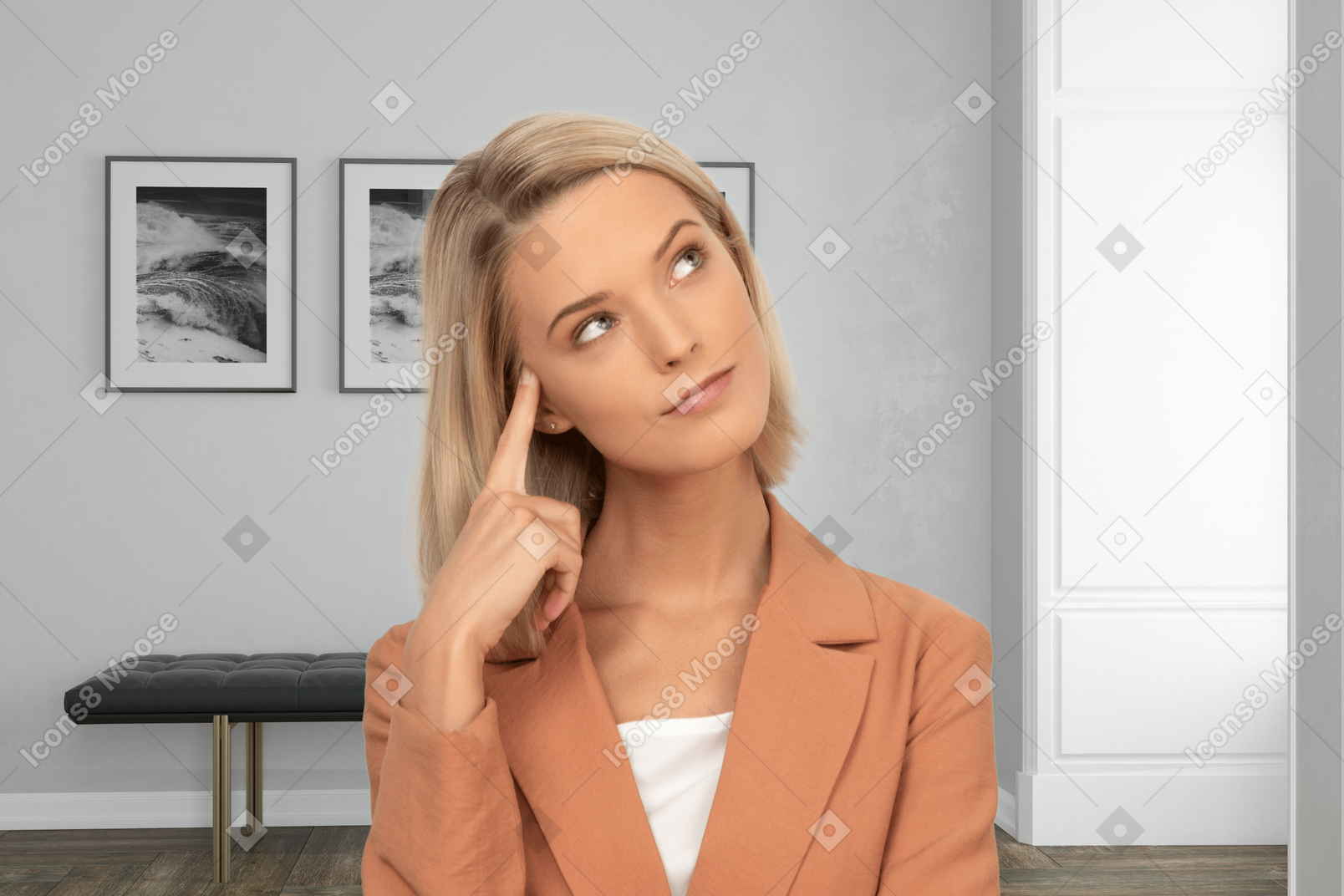 Thoughtful woman with finger at head