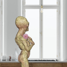 A 3d image of an alien standing in front of a window