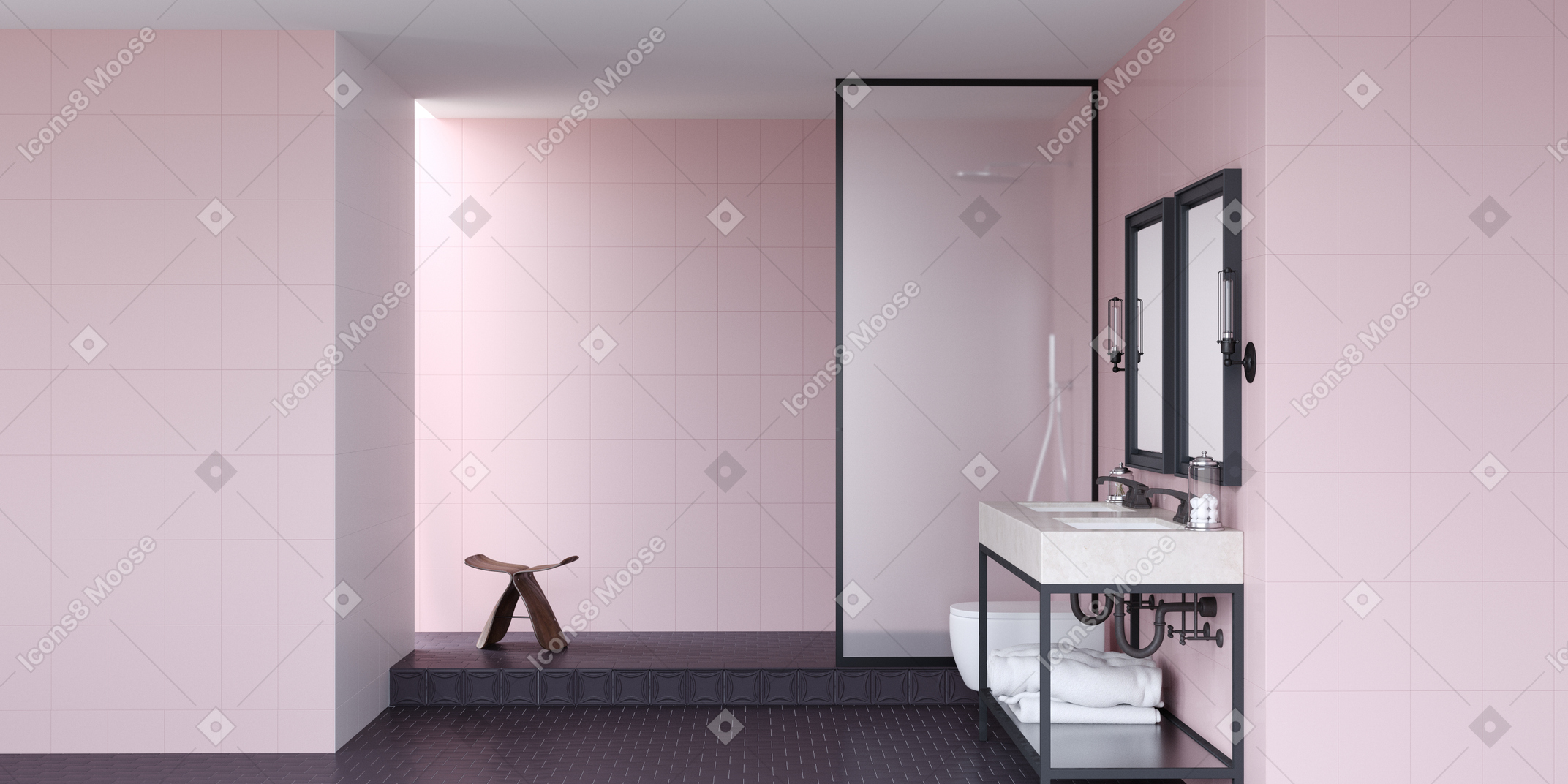 Banheiro com paredes cor de rosa e piso preto