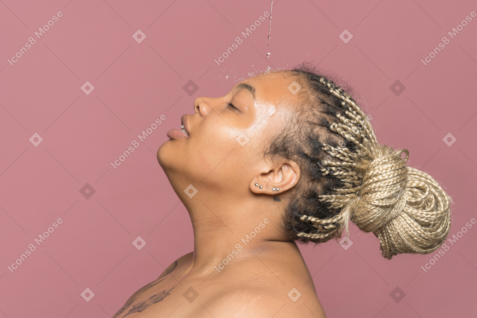 Beautiful shirtless afro woman taking shower