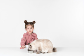 Little kid girl feeding the cat