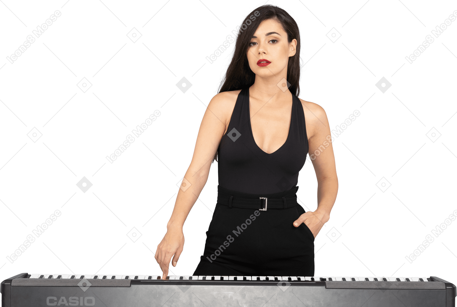 Front view of a young lady in black dress pressing the key of a piano