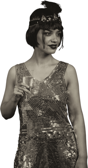Ретро леди держит бокал шампанского
