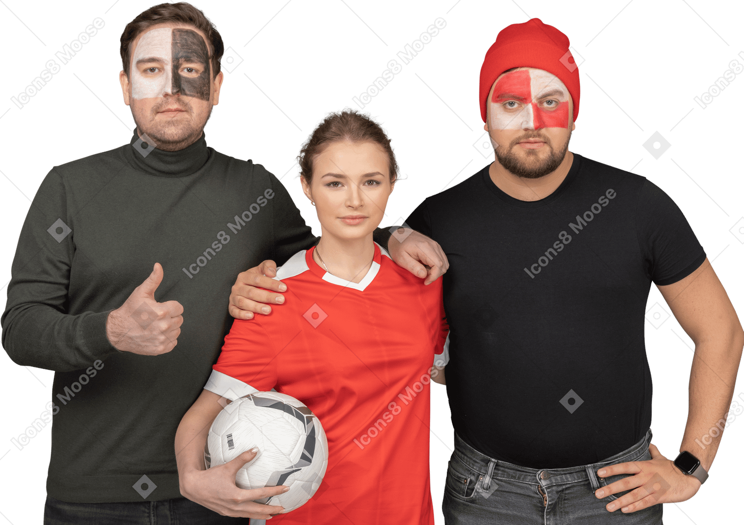 女性のサッカー選手と2人のサッカーの男性ファンの肖像画