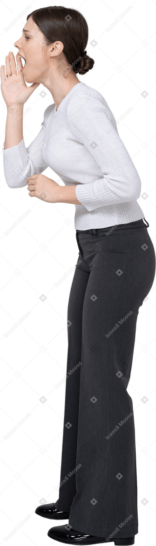 Side view of an emotional gesticulating young woman in office clothing
