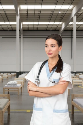 A nurse standing in a hospital room with her arms crossed