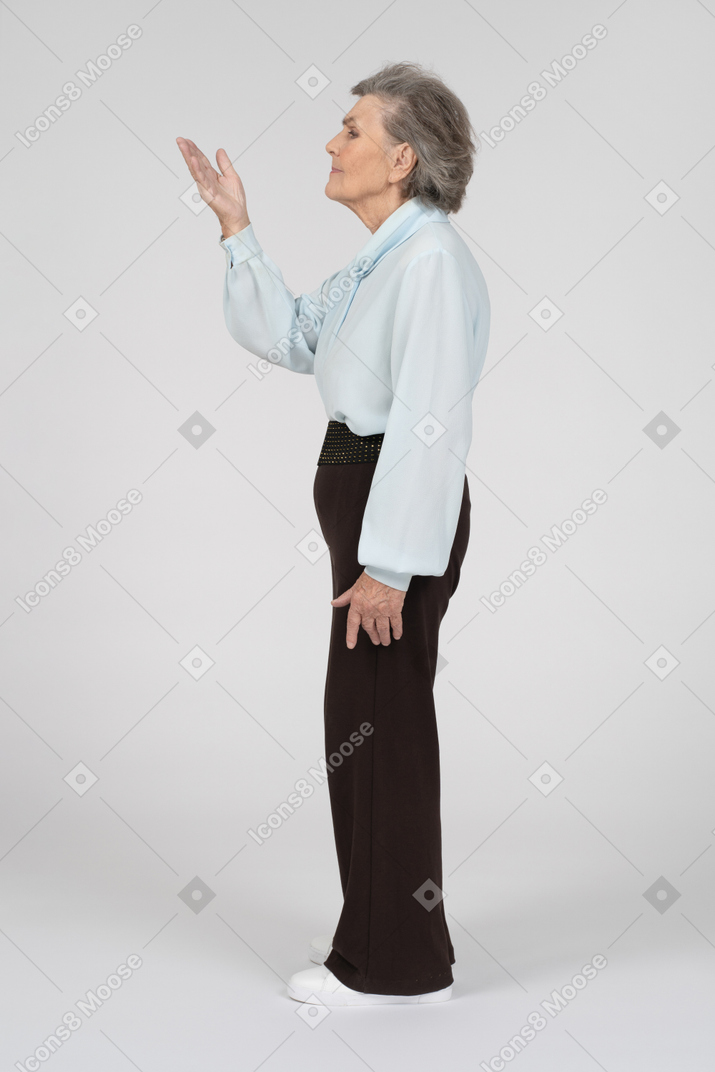 Side view of an old woman gesturing persuasively