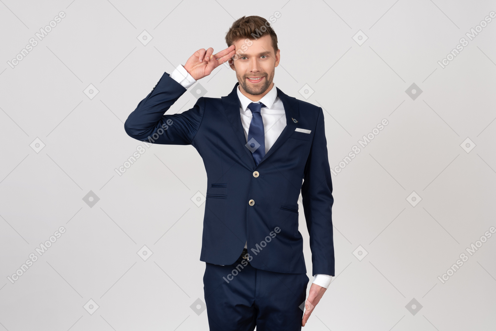 Male flight attendant giving a salute