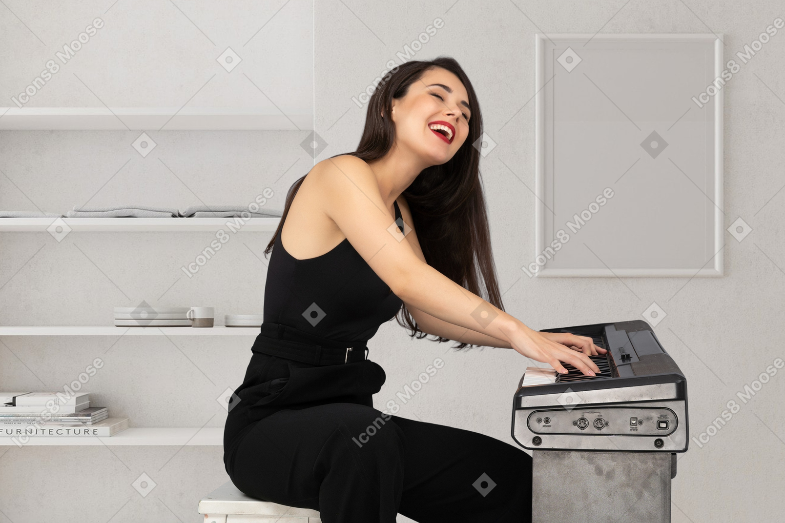 Happy woman playing synthesizer